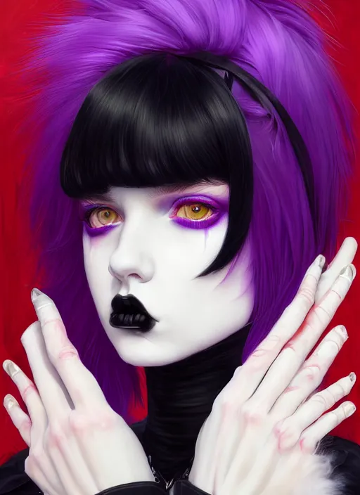 Image similar to portrait of white teenage girl, normal face, black bangs, mall goth, cyberlox, black and white hair, bangs, fluffy bangs, red contacts, purple lipstick, intricate, elegant, highly detailed, digital painting, artstation, concept art, sharp focus, smooth, illustration, art by wlop, mars ravelo and greg rutkowski