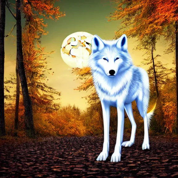 Image similar to white wolf with blue eyes stands in a dark night dormant autumn forest with magic moon in sky, no yellow color in eyes, no yellow color, realistic