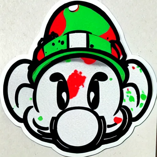 Image similar to die cut sticker, yoshi wearing mario's mustache, splatter paint