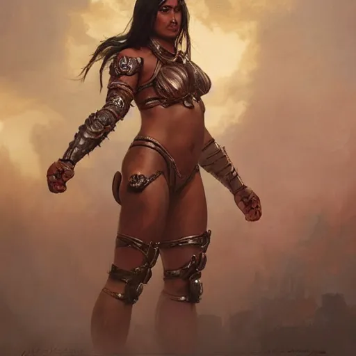 Image similar to painting of a muscular dark nepali female, bikini armour, big eyes, fat, ultra realistic, concept art, intricate details, eerie, highly detailed, photorealistic, octane render, 8 k, unreal engine. art by artgerm and greg rutkowski and alphonse mucha