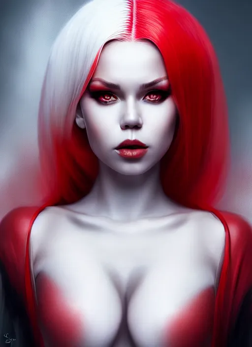 Image similar to photo of kerli koiv with red and white ombre in the style of stefan kostic, realistic, half body shot, sharp focus, 8 k high definition, insanely detailed, intricate, elegant, art by stanley lau and artgerm, foggy backgeound