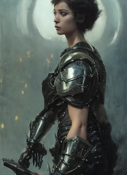 Prompt: beautiful short haired muscular woman wearing simple black medieval armour, detailed by gaston bussiere, bayard wu, greg rutkowski, giger, maxim verehin, greg rutkowski, masterpiece, sharp focus, cinematic lightning