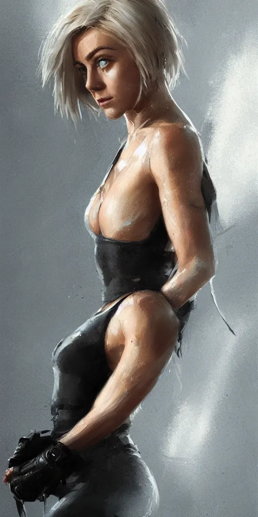 Image similar to portrait of julianne hough by greg rutkowski and wlop, a secret agent, wearing black shorts, wearing black boots, wearing a cropped top, blade runner, highly detailed portrait, digital painting, artstation, concept art, smooth, sharp focus ilustration, artstation, hq