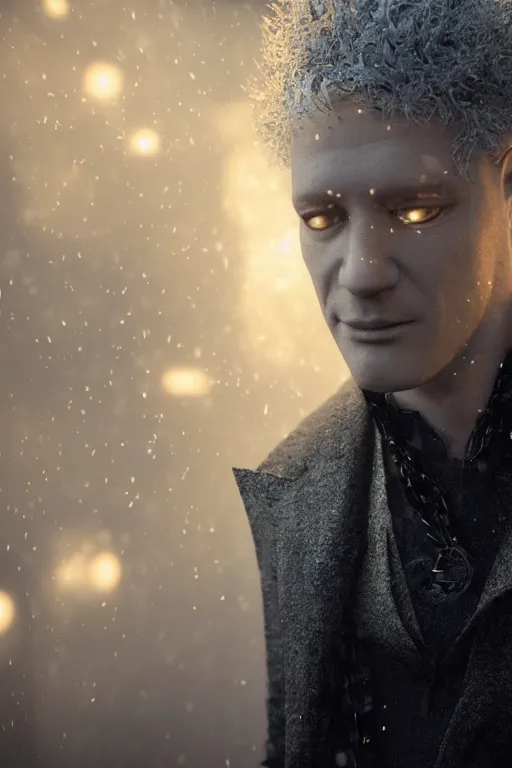 Image similar to a realistic photo of morpheus, the sandman by neil gaiman, pale face, spiky hair, swirling mist, intricate details and textures, mystical feeling, a dark and misty alley lit by gas lanterns, hyper realistic octane render, volumetric shading, depth of field, raytracing, 8 k,