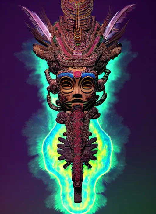 Image similar to 3 d goddess long shot. beautiful intricate highly detailed quetzalcoatl mask and feathers. ahuizotl, atotolin, bioluminescent, plasma, lava, ice, water, wind, creature, lightning and dark clouds, artwork by tooth wu and wlop and beeple and greg rutkowski, 8 k trending on artstation,