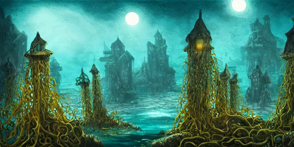 Prompt: nighttime underwater village of carved houses and green kelp and plants and coral under gentle aquatic moonlight, award winning art, epic dreamlike fantasy landscape, art print, science fiction, ultra realistic,