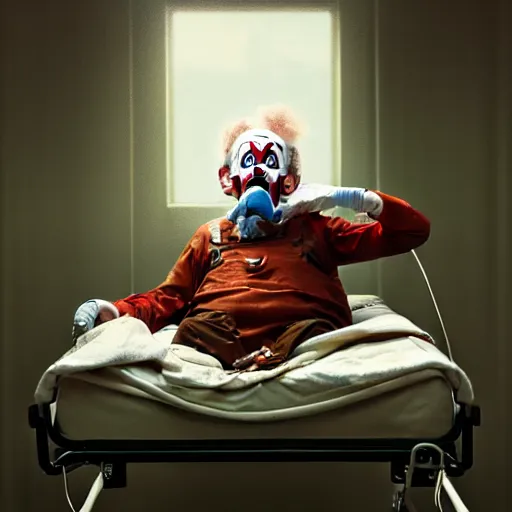 Image similar to hysterical and crazy elderly clown lying in hospital bed with wrist restraints on, restraints attached to hospital bed siderails, greg rutkowski, photograph, 8 k