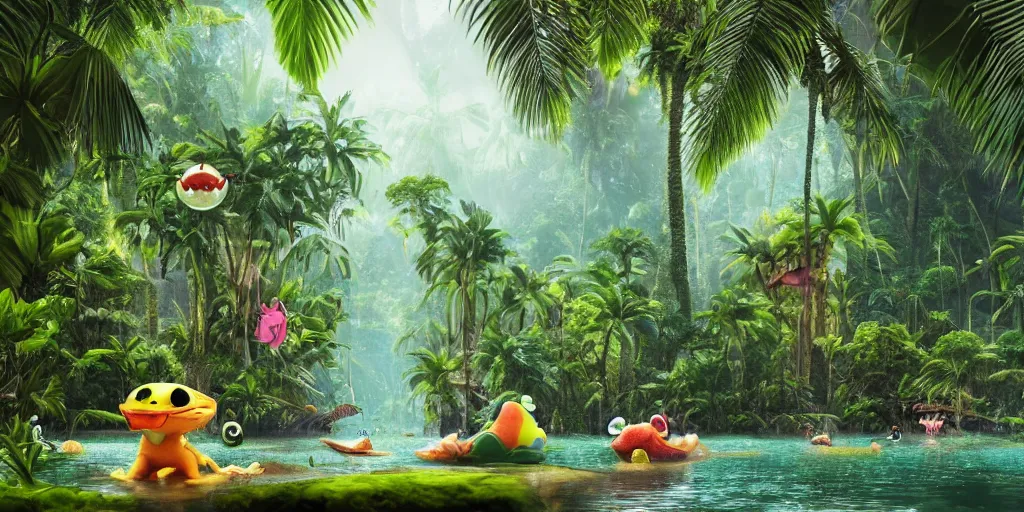 Image similar to of a tropical rainforest lake with strange cute friendly happy creatures with huge eyes, mouth, long tongue, round teeth and goofy face, appearing from the water, in the style of gehry and gaudi, macro lens, shallow depth of field, ultra detailed, digital painting, trending artstation, concept art, illustration, cinematic lighting, photorealism, epic, octane render