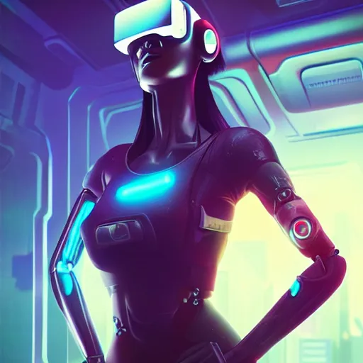 Image similar to cyberpunk concept cool girl cyborg bot, cinema 4 d, galaxy, ufo, space sci - fi, wearing vr goggles, illustration, portrait, pastel neon textured background night, trending on artstation, greg rutkowski, octane rendered, 1 2 k, detailed,