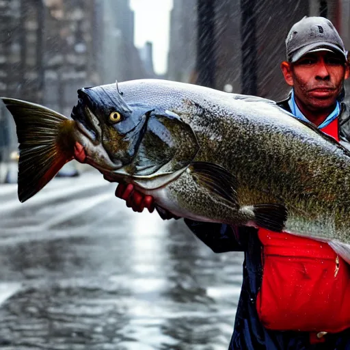 Image similar to closeup portrait of a fisherman holding a big fish in a rainy new york street, photography, time magazine