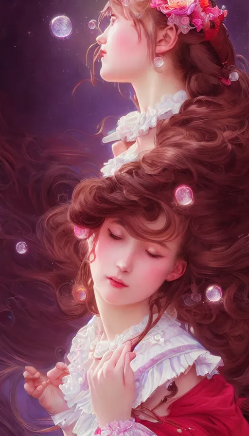 Prompt: portrait of magical lolita girl, dreamy and ethereal, RED eyes, peaceful expression, ornate frilly dress, fantasy, intricate, elegant, rainbow bubbles, highly detailed, digital painting, artstation, concept art, smooth, sharp focus, illustration, art by artgerm and greg rutkowski and alphonse mucha