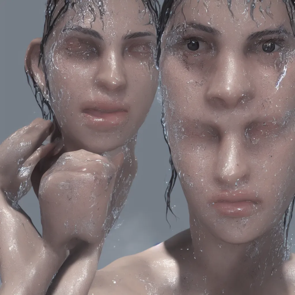 Image similar to glistering wet sweaty skin face unreal engine 4k 8k resolution