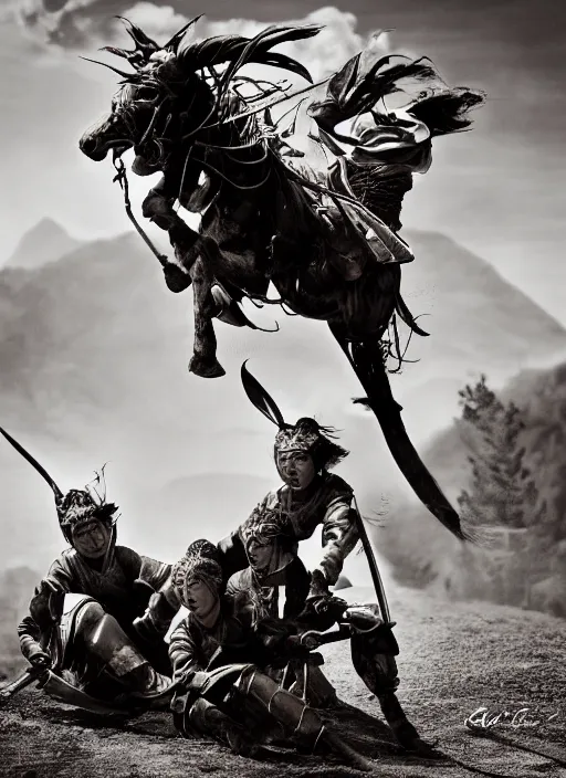Prompt: old vintage photo of Chinese ancient warrior female team on the complex steam punk hooverboard, extreme sports photography , dynamic photography, high speed,dirt and grawel flying in the spot, lens flares, dust in the air, moody lighting, intricate, elegant, highly detailed, centered, smooth, sharp focus, sports photography, old photo, black and white, sepia, cinematic lighting, cinematic angle, national geographic