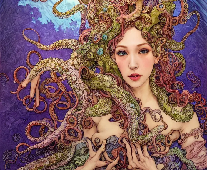 Image similar to portrait of an octopus themed wiman, full body shot, rule of thirds, amazing landscape in background, fantasy, whimsical, horror, art by riot games and chengwei pan and josephine wall and amanda sage and alphonse mucha, intricately detailed, highly detailed, luxurious, elegant, clean, unsettling, trending on artstation