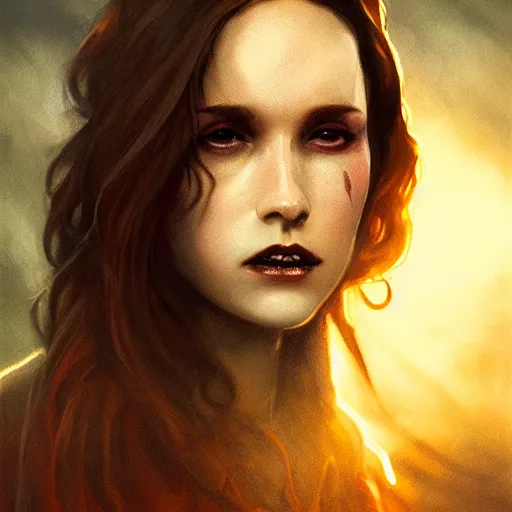 Image similar to majestic gracious regal female brunette vampire portrait, atmospheric lighting, painted, menacing, intricate, volumetric lighting, beautiful, rich deep colours masterpiece, golden hour, sharp focus, ultra detailed, by leesha hannigan, ross tran, thierry doizon, kai carpenter, ignacio fernandez rios