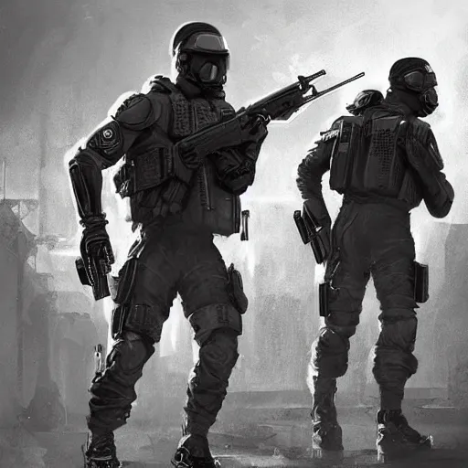 Image similar to Mercenary Special Forces in grey uniforms with black armored vests in combat in 2020, by Cedric Peyravernay, highly detailed, excellent composition, cinematic concept art, dramatic lighting, trending on ArtStation