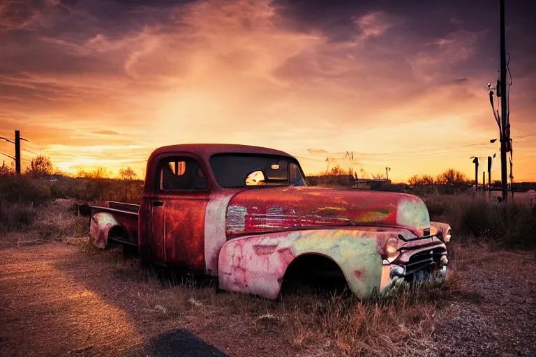 Image similar to a sunset light landscape with historical route 6 6, lots of sparkling details and sun ray ’ s, blinding backlight, smoke, volumetric lighting, colorful, octane, 3 5 mm, abandoned gas station, old rusty pickup - truck, beautiful epic colored reflections, very colorful heavenly, softlight