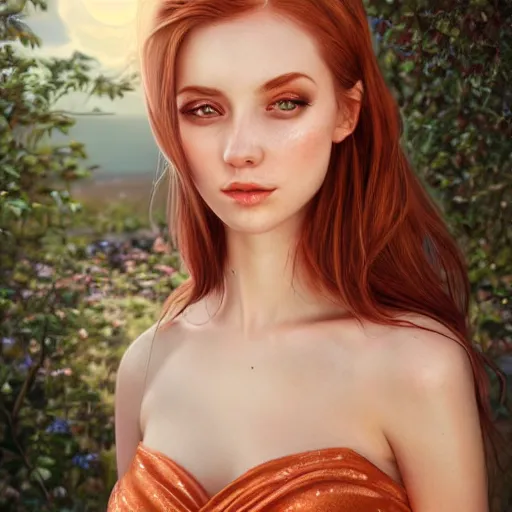 Prompt: a gorgeous female photo, professionally retouched, soft lighting, wearing sundress, illuminated by moonlight realistic, smooth face, redhead goddess, perfect eyes, wide angle, sharp focus on eyes, 8 k high definition, insanely detailed, intricate, elegant, art by artgerm and wlop