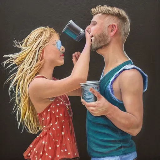 Image similar to a highly detailed painting of a young couple from the side, holding a tin can, hjalteyri iceland, summer, blonde hair, muted colors, joy, trending on artstation,