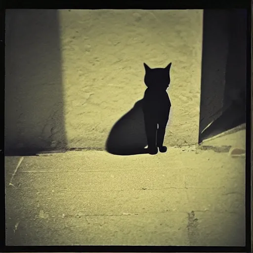 Image similar to medium of a sharp shadow!! of a cat!! only cat shadow at the wall in the street, colours, polaroid photo