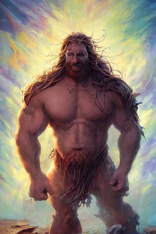 Image similar to clear portrait hulking herculean ogre jesus christ, model pose, bright color, sun shining through, sharp focus, highly detailed face, specular reflection, art by anato finnstark and lecouffe deharme and pete mohrbacher and quentin mabille and frank moth, fantasy illustrations, epic light novel cover art