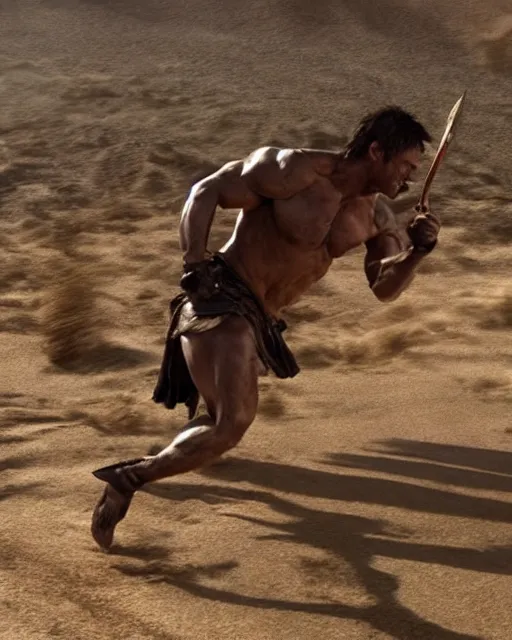 Image similar to spartan warrior sprinting on beach, epic award winning action cinematic still from the movie 3 0 0, muscles,