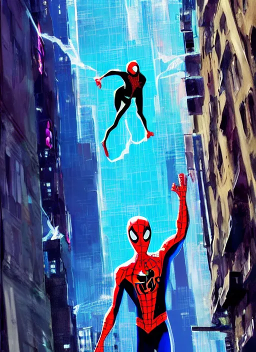 Image similar to spider - man into the spider - verse ( 2 0 1 8 ) anime key visual concept art of spider gwen standing on a balcony in new york city, golden rays, by ashley wood, yoji shinkawa, alberto mielgo, 6 0's french movie poster, french impressionism, vivid colors, palette knife and brush strokes, fish eye lens