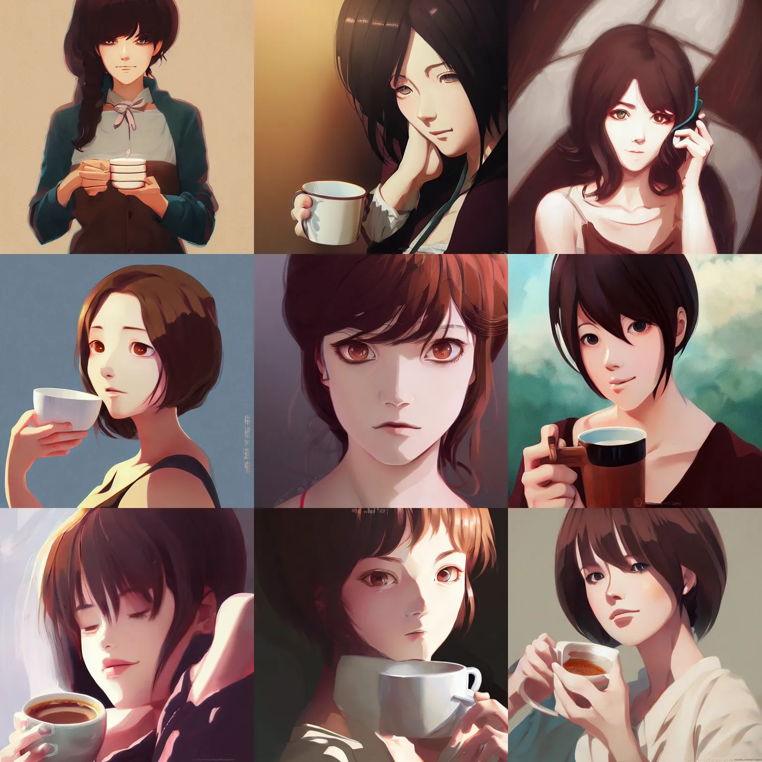 Prompt: woman drinking coffee, finely illustrated face, highly detailed, digital painting, studio ghibli key visual, in the style of ilya kuvshinov and krenz cushart