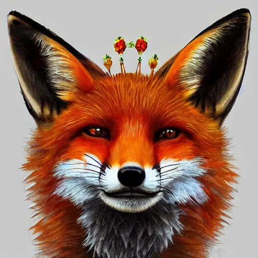 Prompt: portrait of a fox wearing a tiara wreath flowers, fantasy art, d & d, trending on artstation, beautiful art, highly detailed