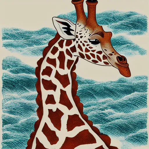 Image similar to giraffe in a bot on a stormy sea at the base of cliffs, japanese style ink art,