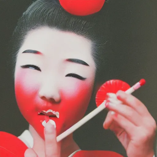 Prompt: photograph of a young maiko licking a lolipop, realistic, red highlights, portrait,detailed,