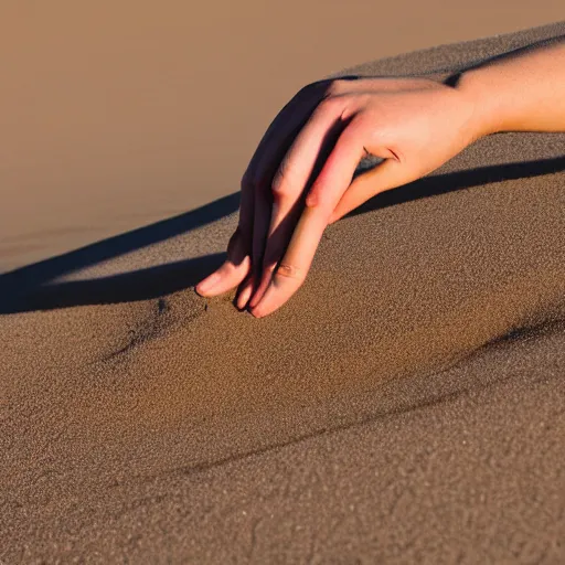 Image similar to desperate hand model rises from the white desert. hand rises from sand. 8 k