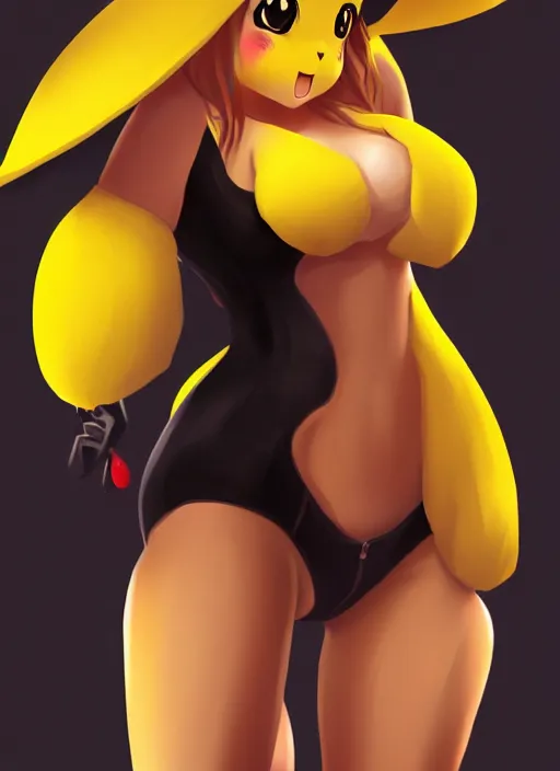 Image similar to a portrait of a hot girl in pikachu costume, grim - lighting, high - contrast, intricate, elegant, highly detailed, digital painting, artstation, concept art, smooth, sharp focus, illustration