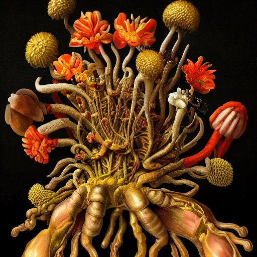 Image similar to disgusting disturbing dutch golden age bizarre mutant insect flower floral still life with many human toes realistic human toes blossoming everywhere very detailed fungus tumor disturbing tendrils bizarre slimy forms sprouting up everywhere by rachel ruysch black background chiaroscuro dramatic lighting perfect composition high definition 8 k 1 0 8 0 p