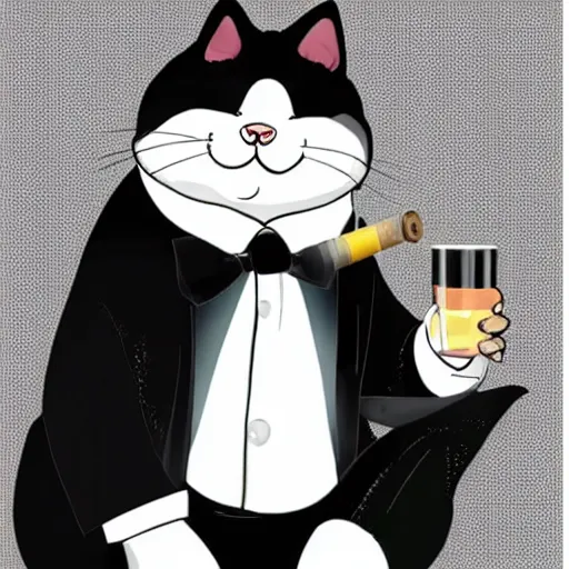 Image similar to a very fat and judgmental cat wearing a full tuxedo, smoking a pipe, sitting in a dimly lit parlor lounge, photograph