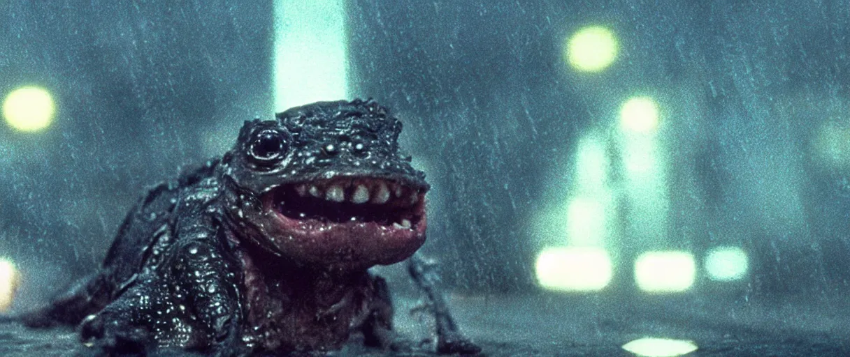 Image similar to Close up of a happy Lepidobatrachus laevis facing the camera in a still from the movie Blade Runner (1982), high quality, rain, rain drops, cold neon lighting, 4k, night, award winning photo, beautiful