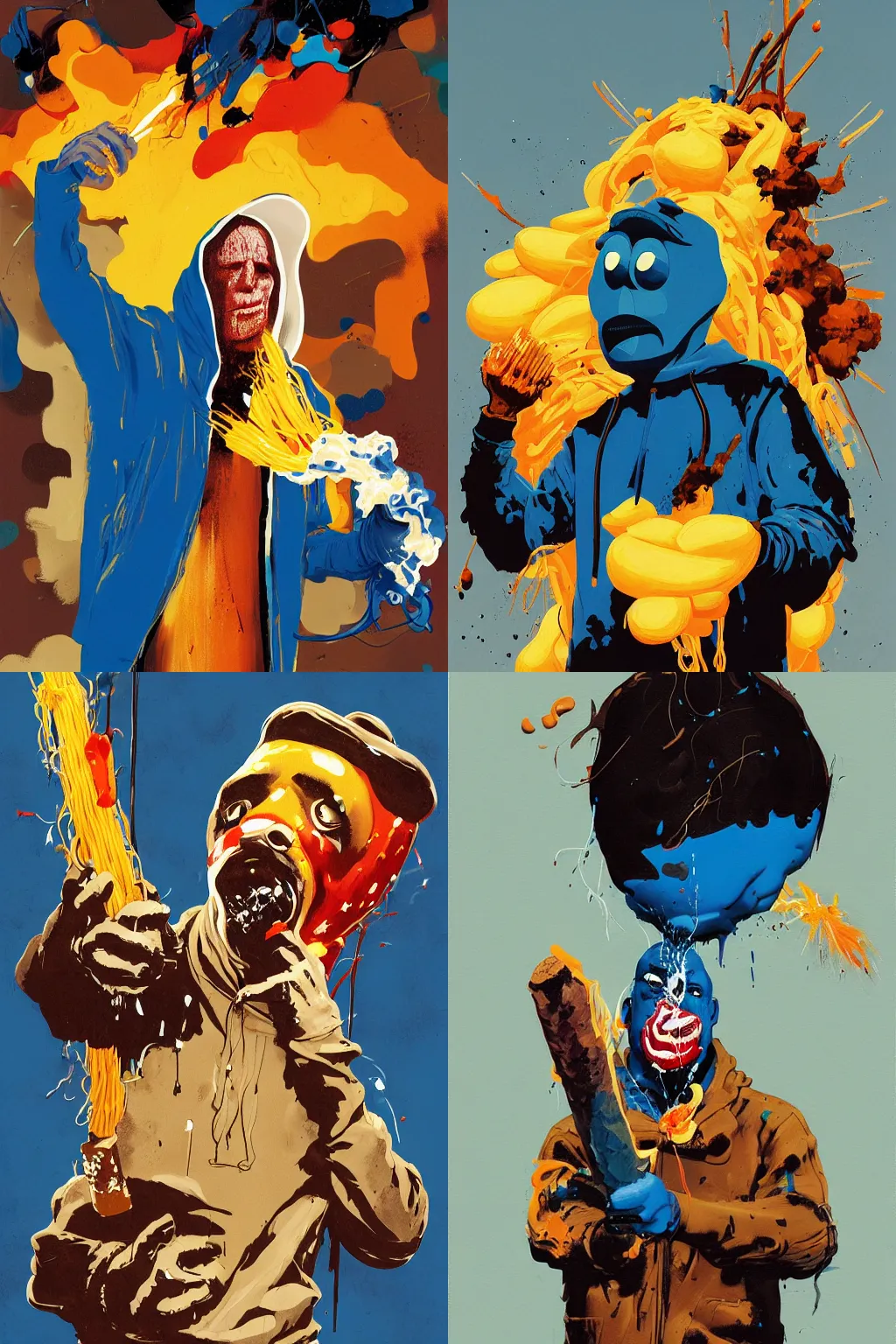 Prompt: full page illustration of a blue melting potato man, fireworks, glue, spaghetti, baguette, motor-oil, wearing a hoodie, hunger, by phil hale, ashley wood, geoff darrow, 8k, hd, high resolution print