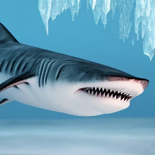 Image similar to frozen shark in an ice cube in the ocean cinematic detailed