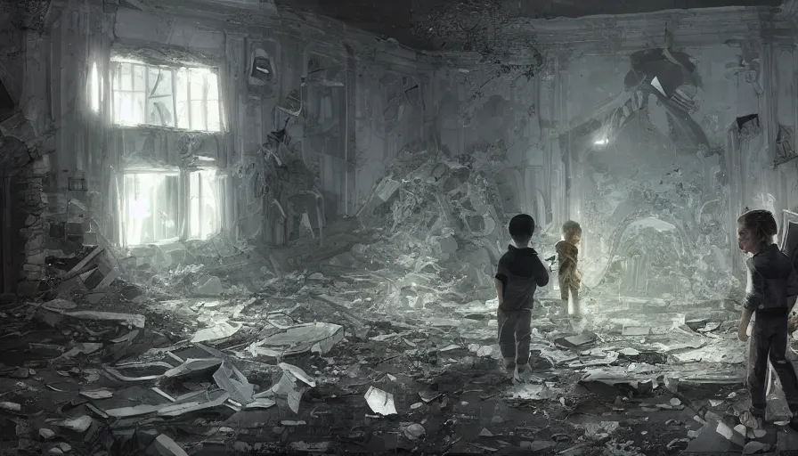 Image similar to father and son exploring destroyed white house with glow sticks, moonlight through windows, dark corridors, debris, covered by vegeration, hyperdetailed, artstation, cgsociety, 8 k