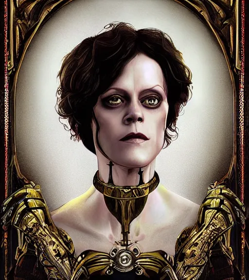 Image similar to beautiful female character inspired by venice carnival and pop art sigourney weaver ellen ripley | | digital artwork made by greg rutswork, anna dittmann and lois van barlee, symmetrical, anatomically correct