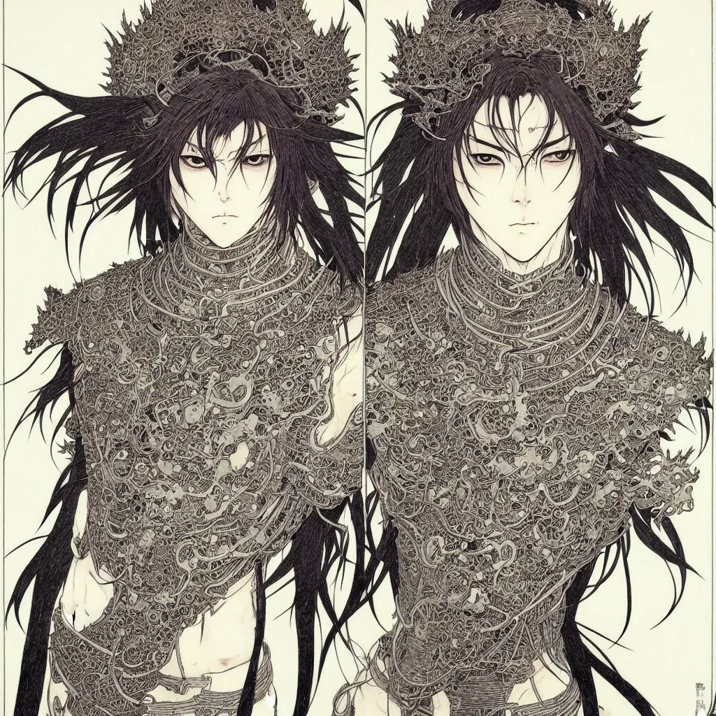 Image similar to prompt: one human Fragile looking character portrait face drawn by Takato Yamamoto, Human inside modernistic looking armor with wild hairstyle, inspired by Evangeleon, clean ink detailed line drawing, intricate detail, manga 1980, poster composition