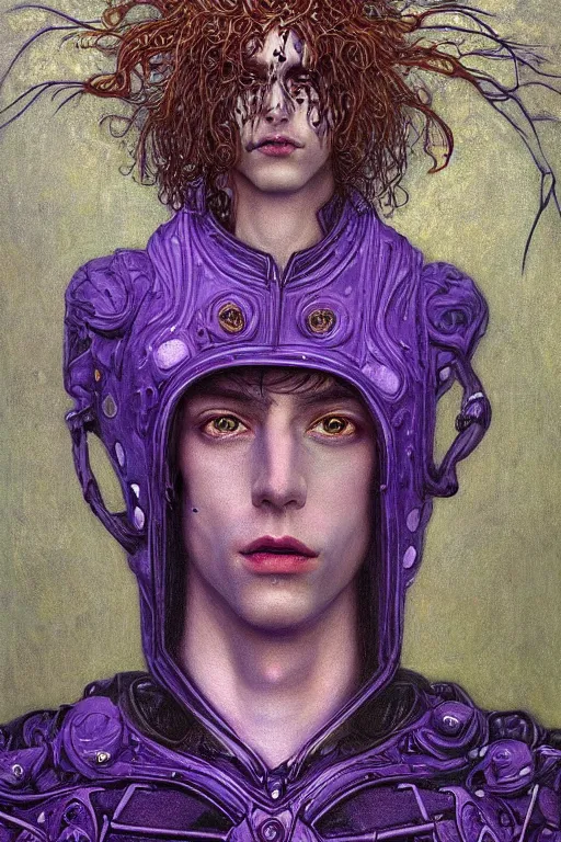 Image similar to portrait of beautiful gothic and futuristic young man, more thunderstorm, cyber armor, a lot of scars, more and more flowers, purple head, the middle ages, highly detailed, artstation, illustration, art by jean delville, 8 k quality, art by greg gandy and gustav klimt