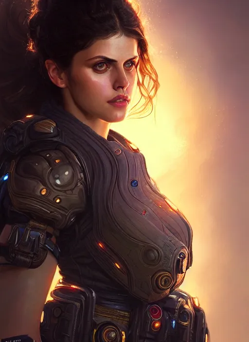 Image similar to portrait of apex legends alexandra daddario, intricate, elegant, glowing lights, highly detailed, digital painting, artstation, glamor pose, concept art, smooth, sharp focus, illustration, art by artgerm and greg rutkowski, artey freytag