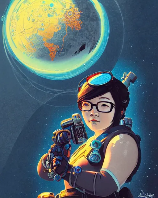 Image similar to mei from overwatch, character portrait, ice, portrait, close up, concept art, intricate details, highly detailed, vintage sci - fi poster, retro future, in the style of chris foss, rodger dean, moebius, michael whelan, and gustave dore