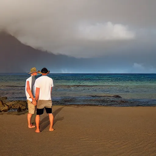 Image similar to two guys in hawaii, sick with covid on the beach, with a rainbow, photograph