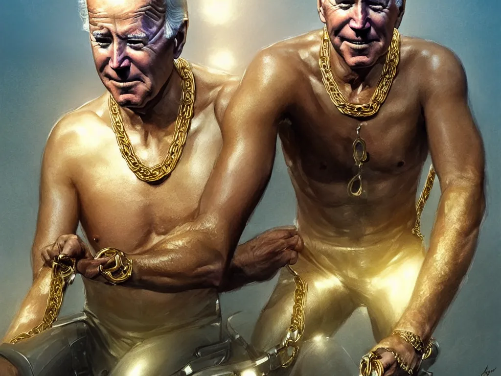 Prompt: joe biden wearing cycling shorts and gold chains surrounded by seals, elegant, real life skin, intricate, high detailed, artstation, concept art, smooth, sharp focus, art by artgerm and greg rutkowski