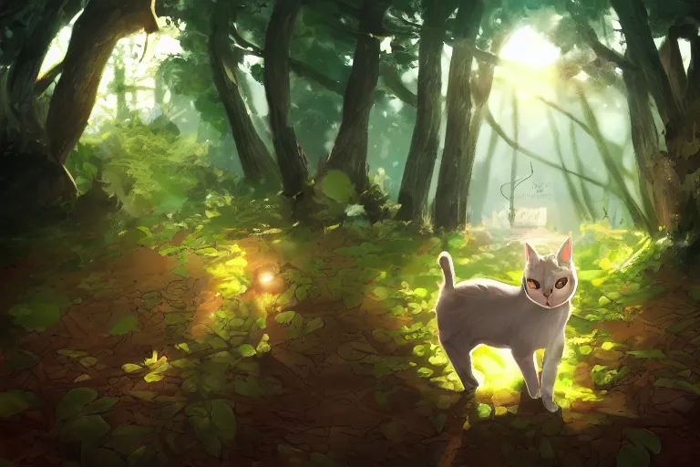 Image similar to cat in the forest, warm backlighting, digital art, trending on artstation, fanart, by kawacy