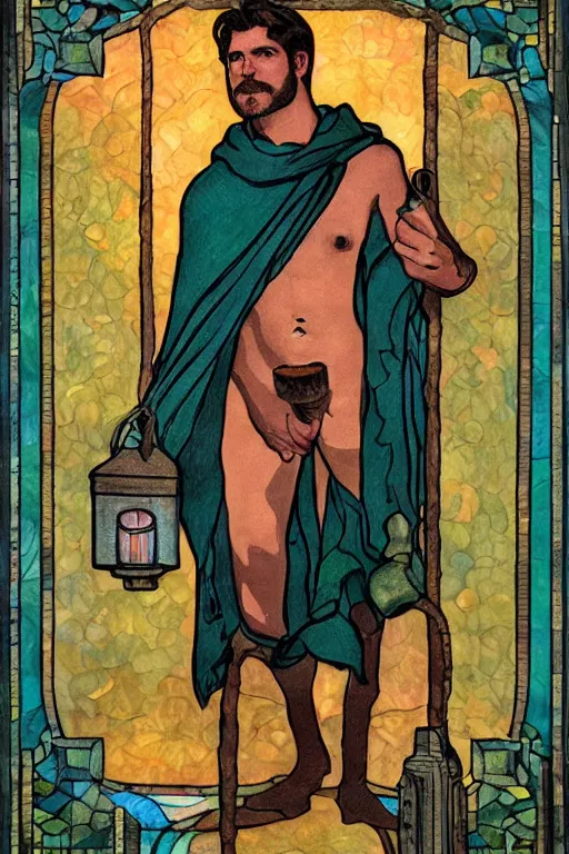 Prompt: tarot card of a shirtless handsome beefy cowboy holding a lantern | deep teal cloak, dad bod, homoerotic, art deco, art nouveau | by louis comfort tiffany | trending on artstation