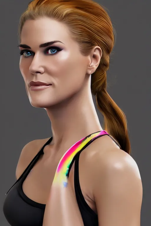 Image similar to mix of beautiful young maria shriver, mariel hemmingway, brooke shields, nicole kidman and elle macpherson as a zumba instructor, thin lips, hair tied up in a pony tail, dark blonde hair, colorful, artstation, cgsociety