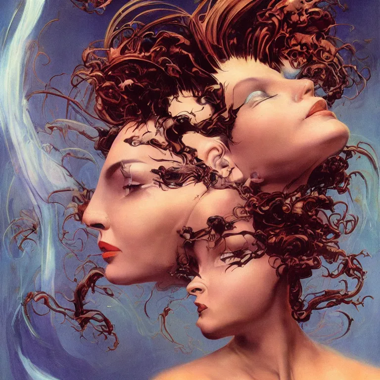 Prompt: portrait of a woman with ( swirling ) hair and fractal skin by frank frazetta, retrofuturism, psychedelic art reimagined by industrial light and magic